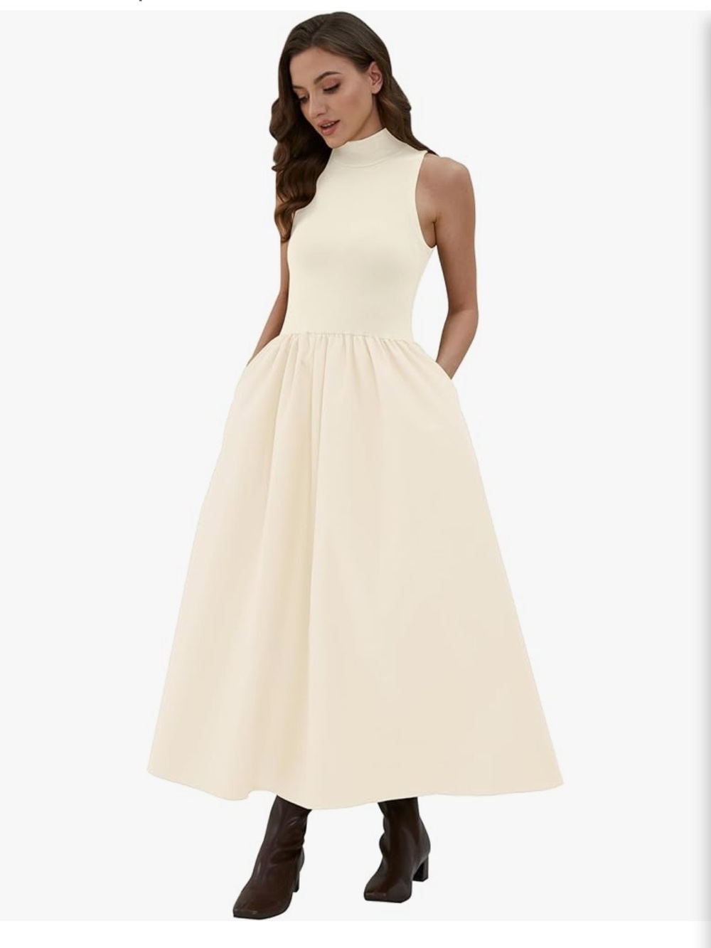 Sleeveless High-Neck Cream Midi Dress with Pockets